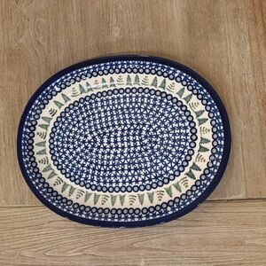 🌱Boleslawiec VTG Polish Pottery 14” Christmas Evergreen Smowflake Cobalt Platter